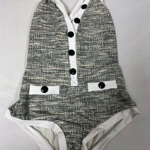 Textured Black & White One-Piece with Button Detail